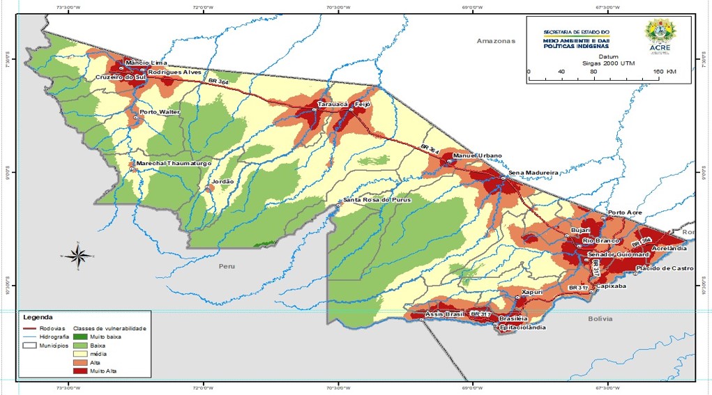 Mapa com áreas críticas de desmatamento no Acre. Imagem: reprodução Semapi