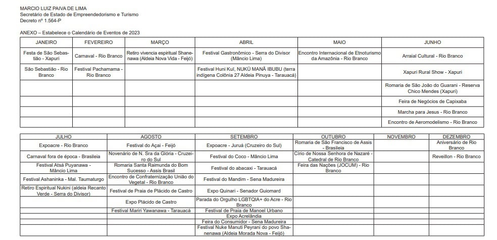 Governo divulga calendário anual de atividades em todo o Acre