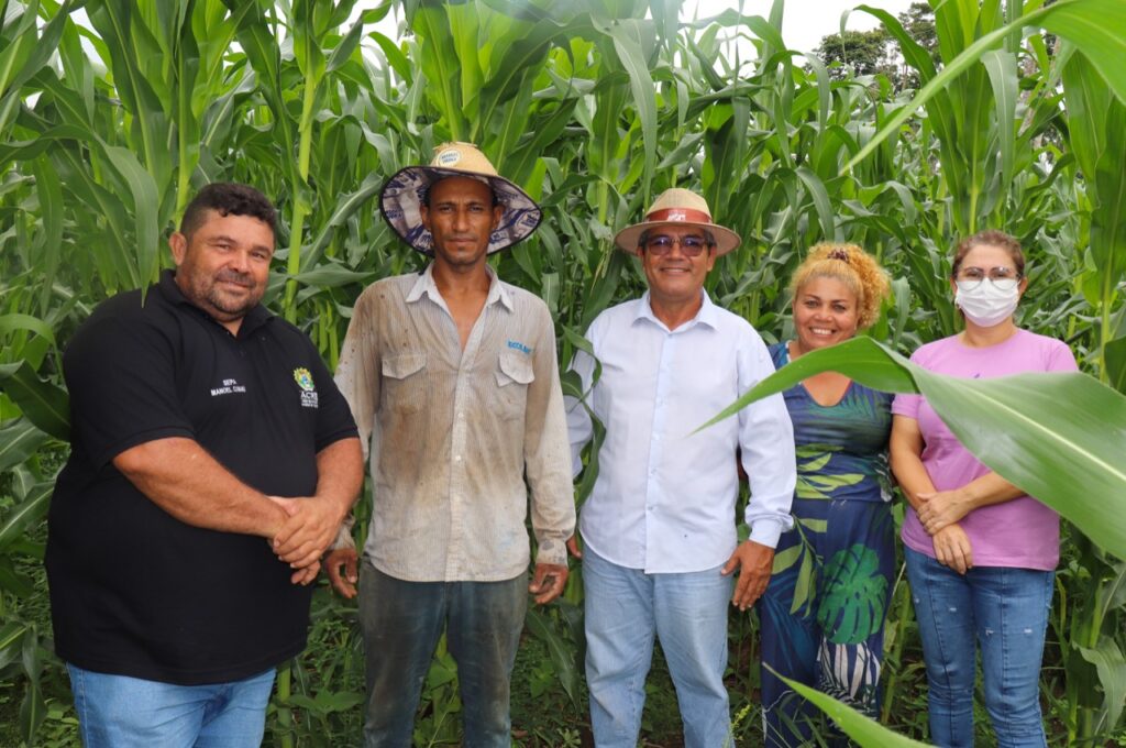 Secretário Edivan Azevedo com servidores da Sepa, produtores do município de Capixaba, na plantação de milho. Foto: Danna Anute/Secom