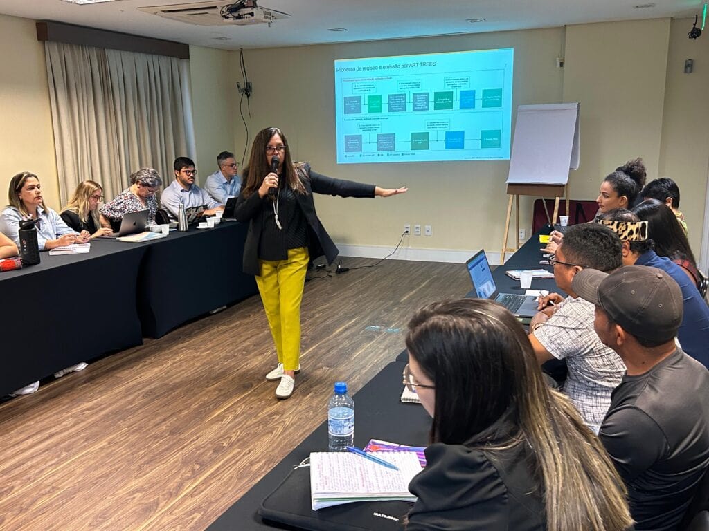 Mônica de Los Rios, especialista em REDD+ Jurisdicional e diretora executiva do EII, deu início a apresentação da Nota Conceitual aos membros da governança do Sisa, em maio deste ano. Foto: Ângela Rodrigues/IMC