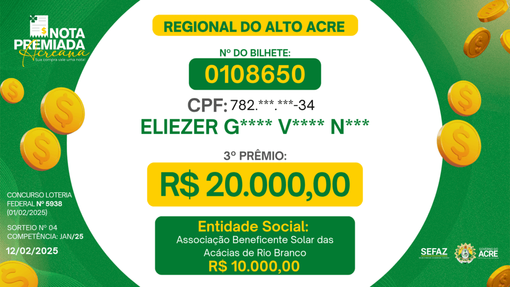 Estado divulga novos vencedores do Nota Premiada com prêmio de até R$ 20 mil; veja nomes