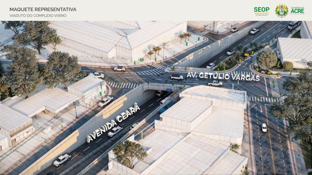 Complexo Viário visa criar melhores condições de mobilidade urbana no centro de Rio Branco. Ilustração: Marcos Haluen/Seop