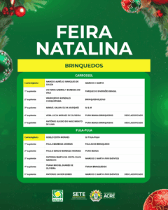 Lista de empreendedores selecionados para Feira e Vila Natalina em Rio Branco é divulgada; veja nomes 14 Lista de empreendedores selecionados para Feira e Vila Natalina em Rio Branco é divulgada; veja nomes